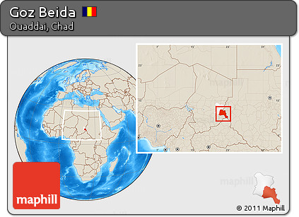 Shaded Relief Location Map of Goz Beida, highlighted parent region, within the entire country