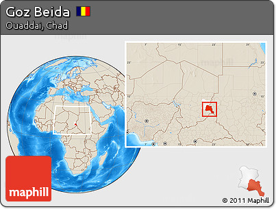 Shaded Relief Location Map of Goz Beida, highlighted parent region, within the entire country