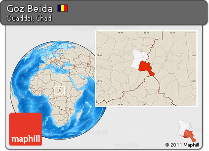 Shaded Relief Location Map of Goz Beida, highlighted parent region