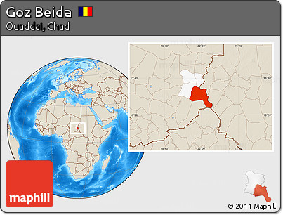Shaded Relief Location Map of Goz Beida, highlighted parent region