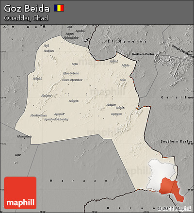 Shaded Relief Map of Goz Beida, darken, semi-desaturated
