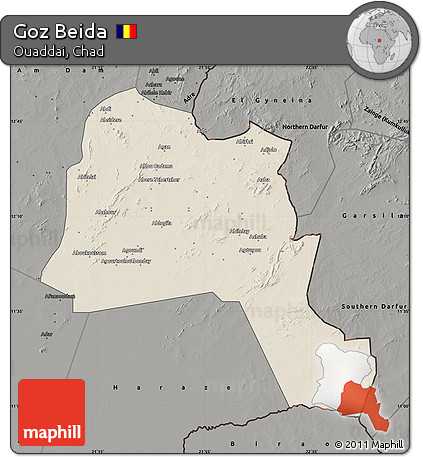 Shaded Relief Map of Goz Beida, darken, semi-desaturated