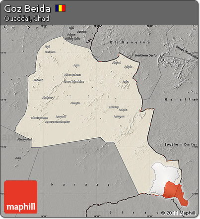 Shaded Relief Map of Goz Beida, darken, semi-desaturated