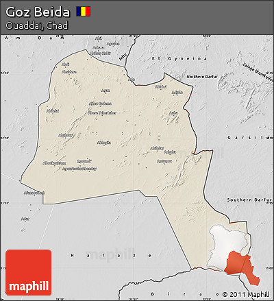 Shaded Relief Map of Goz Beida, desaturated