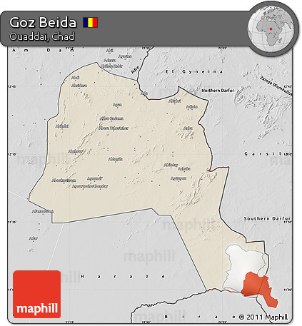 Shaded Relief Map of Goz Beida, desaturated