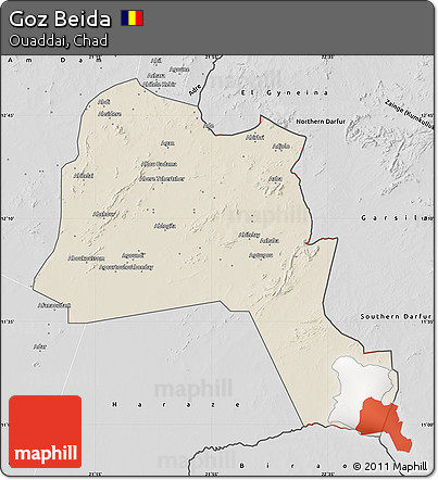 Shaded Relief Map of Goz Beida, desaturated
