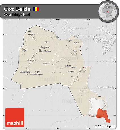 Shaded Relief Map of Goz Beida, lighten, desaturated