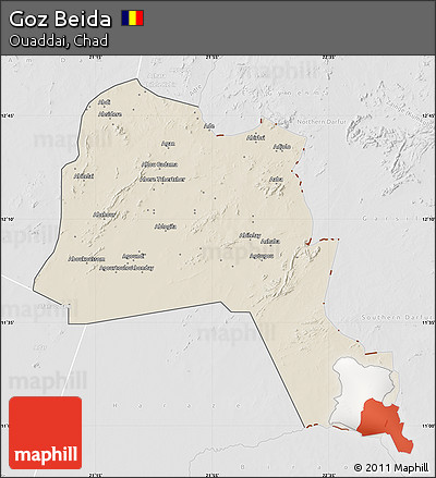 Shaded Relief Map of Goz Beida, lighten, desaturated