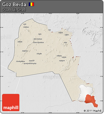 Shaded Relief Map of Goz Beida, lighten, desaturated