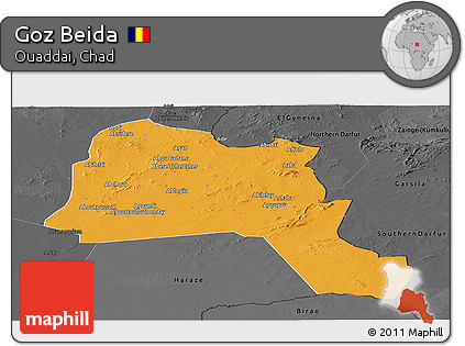 Political Panoramic Map of Goz Beida, darken, desaturated