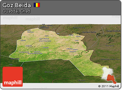 Satellite Panoramic Map of Goz Beida, darken
