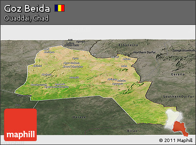 Satellite Panoramic Map of Goz Beida, darken, semi-desaturated