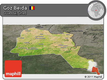 Satellite Panoramic Map of Goz Beida, darken, semi-desaturated
