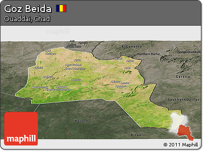 Satellite Panoramic Map of Goz Beida, darken, semi-desaturated
