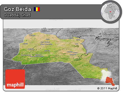 Satellite Panoramic Map of Goz Beida, desaturated