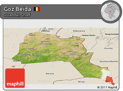 Satellite Panoramic Map of Goz Beida, shaded relief outside