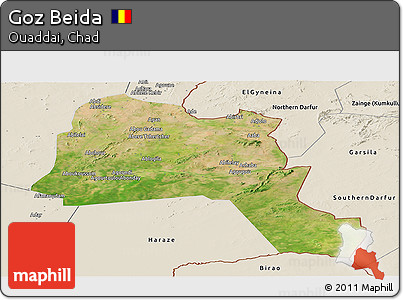 Satellite Panoramic Map of Goz Beida, shaded relief outside
