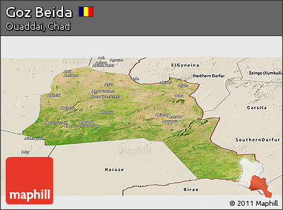 Satellite Panoramic Map of Goz Beida, shaded relief outside