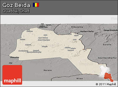 Shaded Relief Panoramic Map of Goz Beida, darken, semi-desaturated