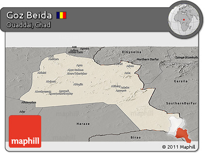 Shaded Relief Panoramic Map of Goz Beida, darken, semi-desaturated