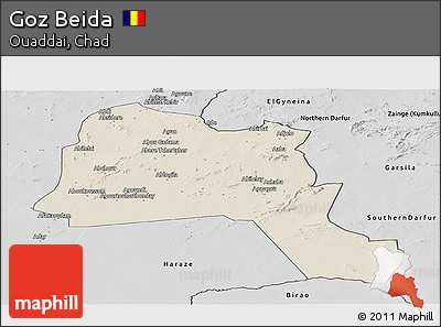 Shaded Relief Panoramic Map of Goz Beida, desaturated