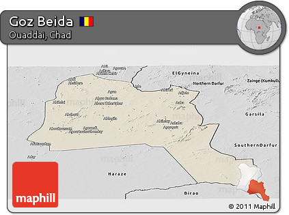 Shaded Relief Panoramic Map of Goz Beida, desaturated