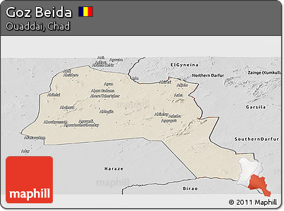 Shaded Relief Panoramic Map of Goz Beida, desaturated