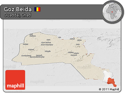Shaded Relief Panoramic Map of Goz Beida, lighten, desaturated