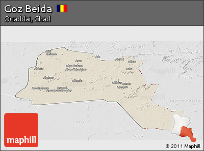 Shaded Relief Panoramic Map of Goz Beida, lighten, desaturated