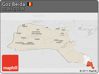 Shaded Relief Panoramic Map of Goz Beida, lighten, desaturated