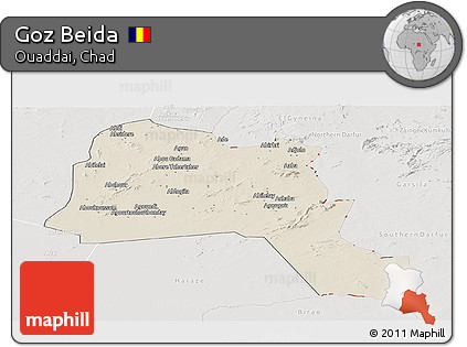Shaded Relief Panoramic Map of Goz Beida, lighten, semi-desaturated