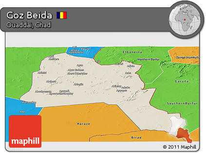 Shaded Relief Panoramic Map of Goz Beida, political outside