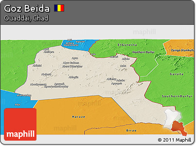 Shaded Relief Panoramic Map of Goz Beida, political outside