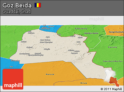 Shaded Relief Panoramic Map of Goz Beida, political outside