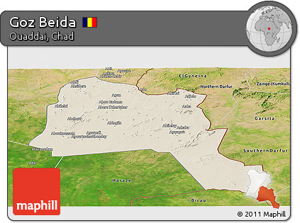 Shaded Relief Panoramic Map of Goz Beida, satellite outside