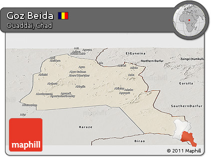 Shaded Relief Panoramic Map of Goz Beida, semi-desaturated