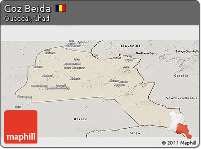 Shaded Relief Panoramic Map of Goz Beida, semi-desaturated