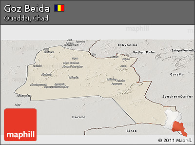 Shaded Relief Panoramic Map of Goz Beida, semi-desaturated