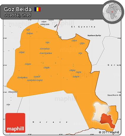 Political Simple Map of Goz Beida, single color outside, borders and labels
