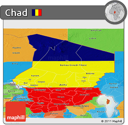 Flag Panoramic Map of Chad, political outside, flag aligned to the middle