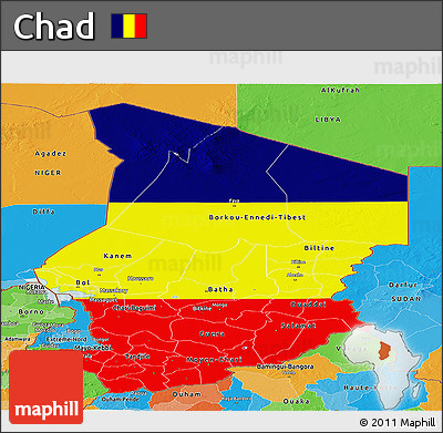 Flag Panoramic Map of Chad, political outside, flag aligned to the middle