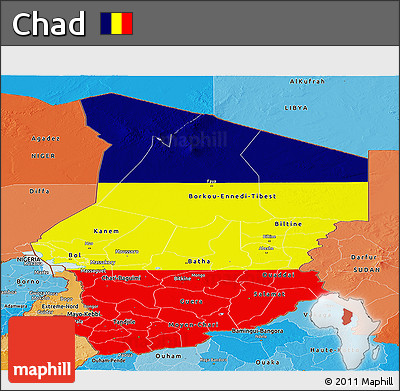 Flag Panoramic Map of Chad, political shades outside, flag aligned to the middle