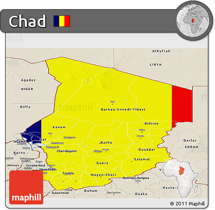 Flag Panoramic Map of Chad, shaded relief outside, flag centered