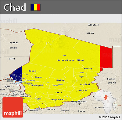 Flag Panoramic Map of Chad, shaded relief outside, flag centered