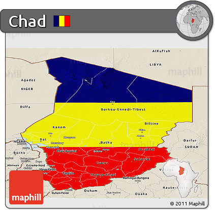 Flag Panoramic Map of Chad, shaded relief outside, flag rotated