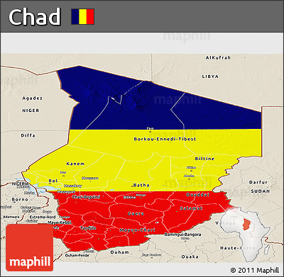 Flag Panoramic Map of Chad, shaded relief outside, flag rotated