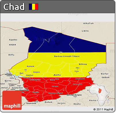 Flag Panoramic Map of Chad, shaded relief outside, flag rotated