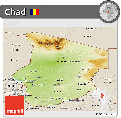 Physical Panoramic Map of Chad, shaded relief outside