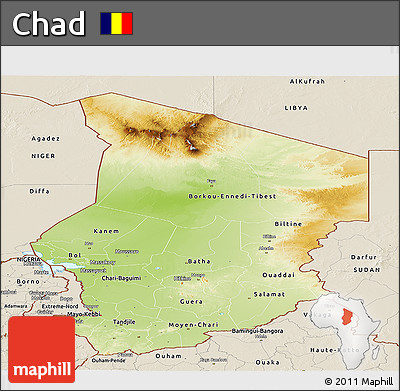 Physical Panoramic Map of Chad, shaded relief outside