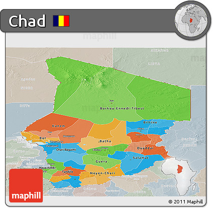 Political Panoramic Map of Chad, lighten, semi-desaturated